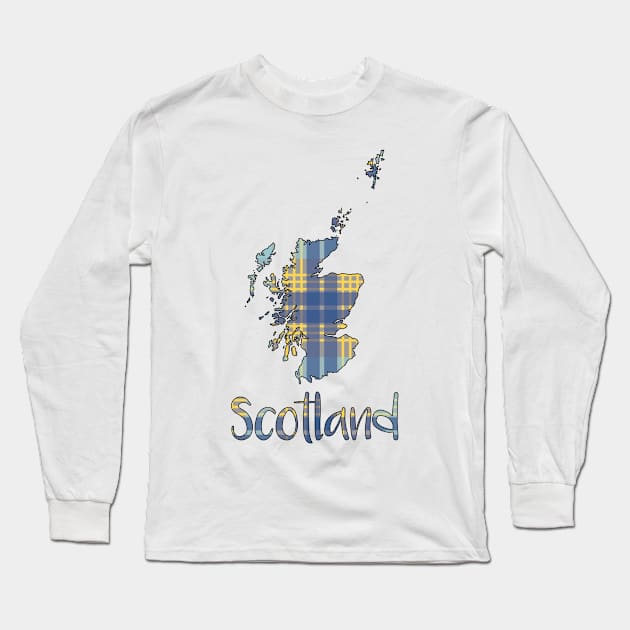 Scotland Blue and Yellow Tartan Map Typography Design Long Sleeve T-Shirt by MacPean